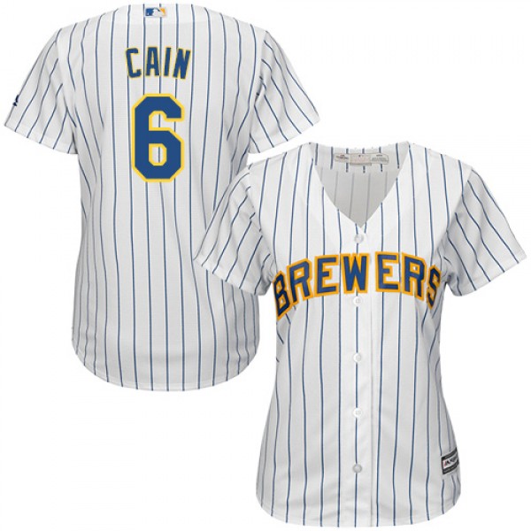 Milwaukee Brewers #6 Lorenzo Cain White Strip Home...