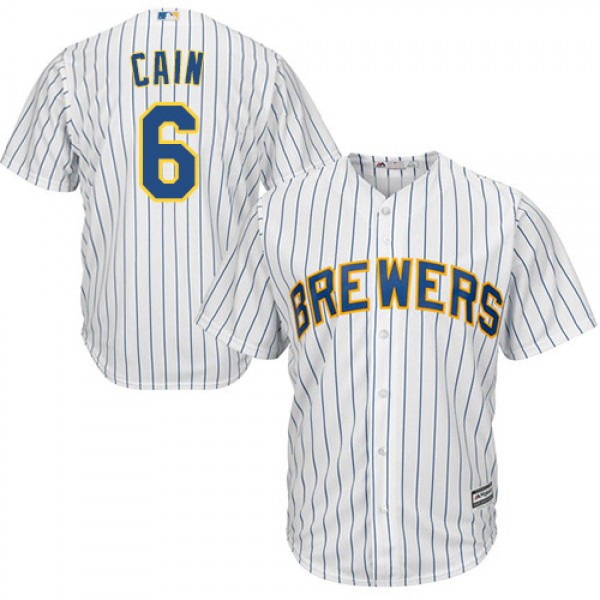 Milwaukee Brewers #6 Lorenzo Cain White Strip Cool...